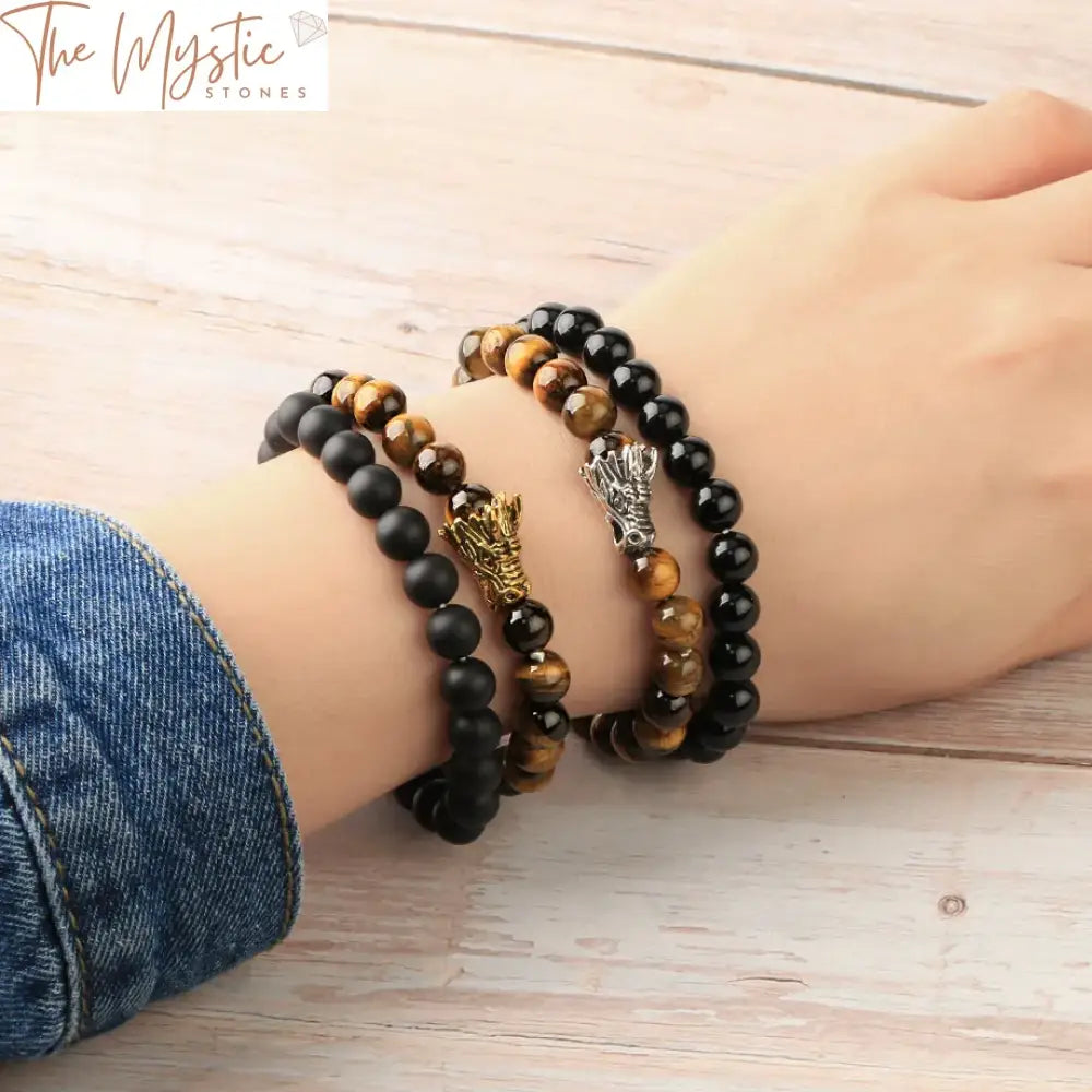 Tiger Eye & Black Onyx Dragon Bracelet Set