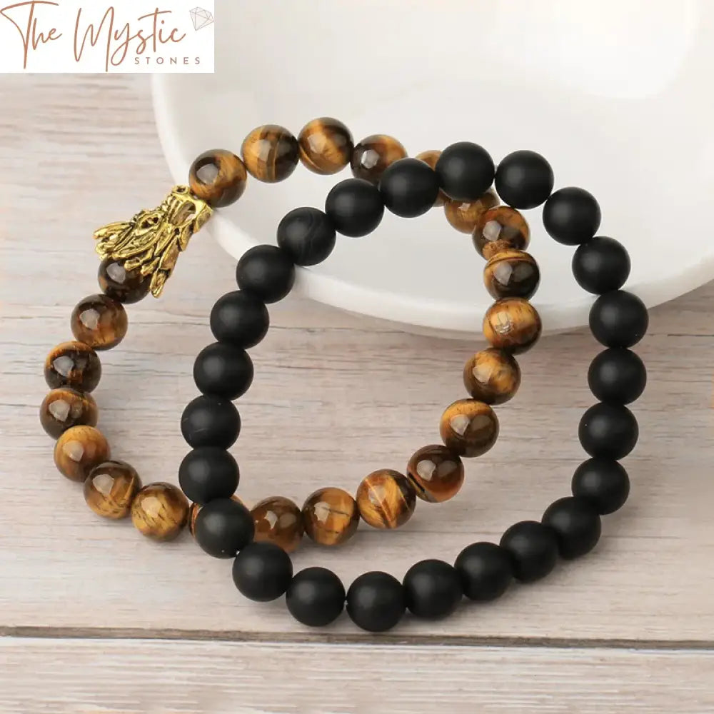 Tiger Eye & Black Onyx Dragon Bracelet Set