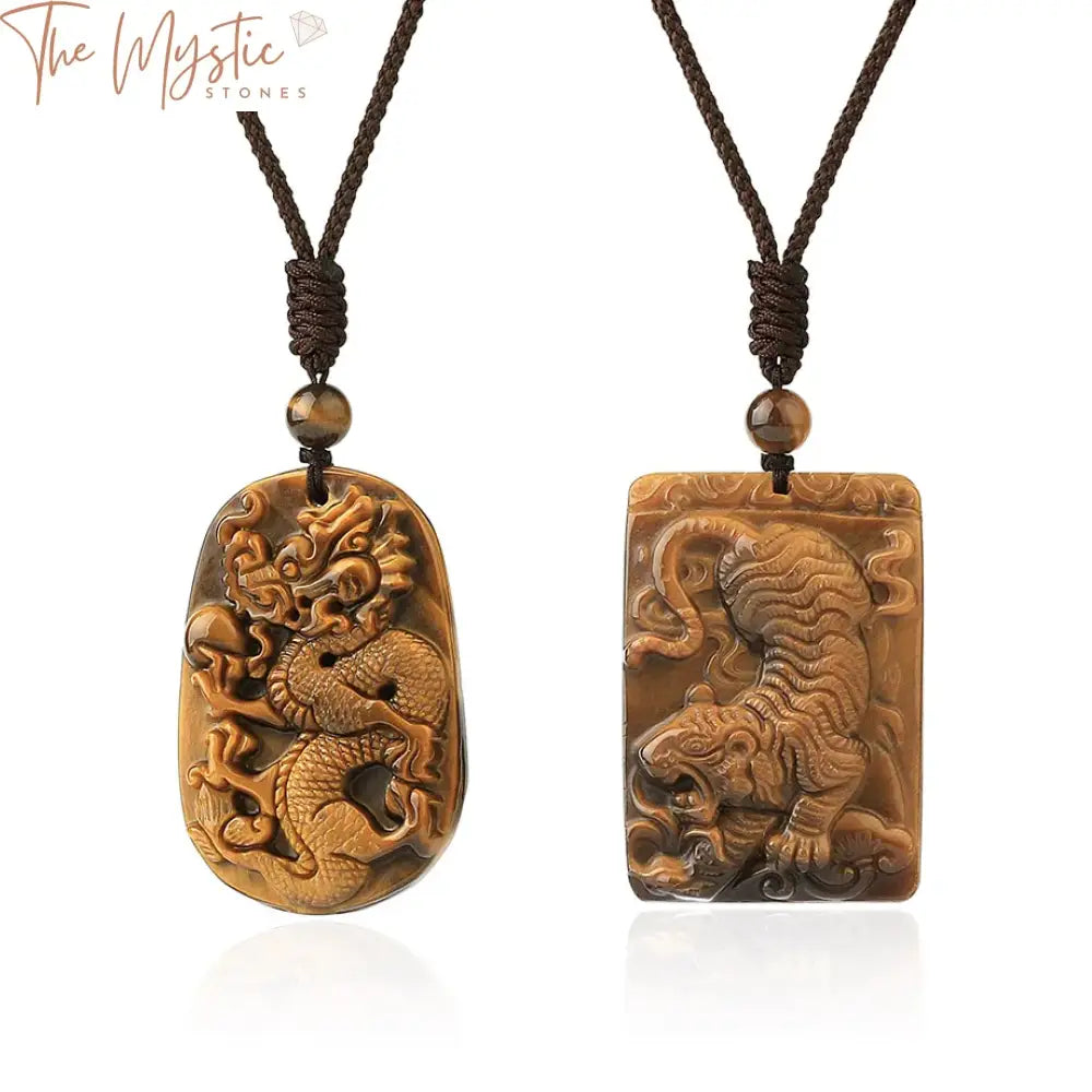 A collection of intricately carved pendants featuring the natural stone Yellow Tiger Eye.