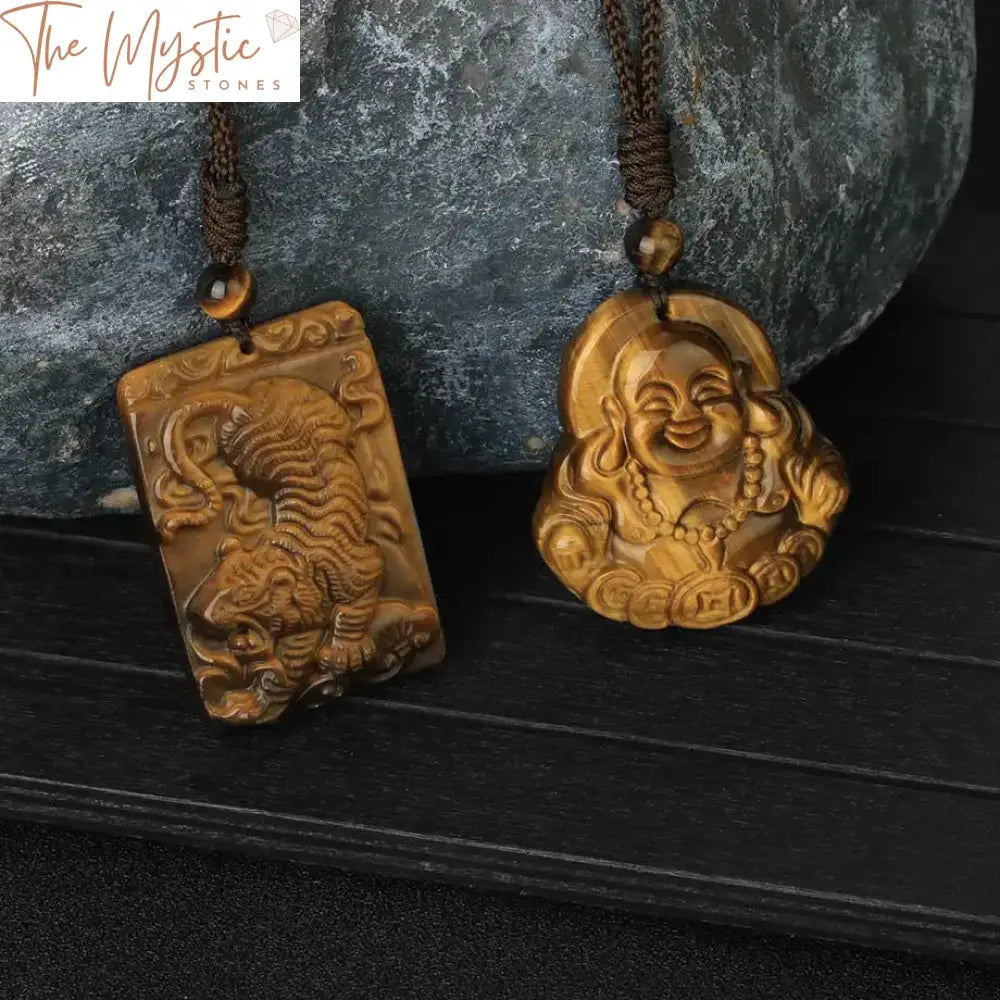 Tiger Eye Carved Pendant Necklace - Fox Dragon Buddha