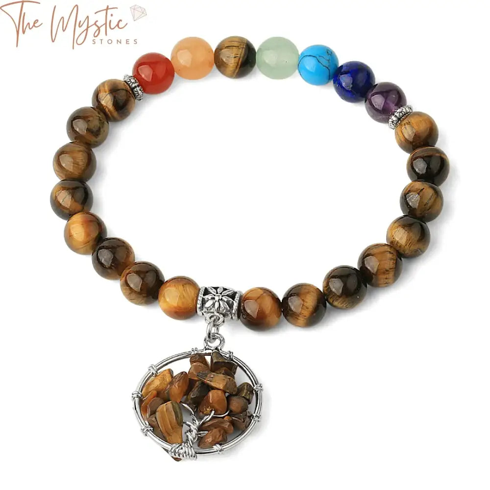 A collection of natural stone charm bracelets featuring 8mm Tiger Eye beads, each adorned with a Tree of Life charm.