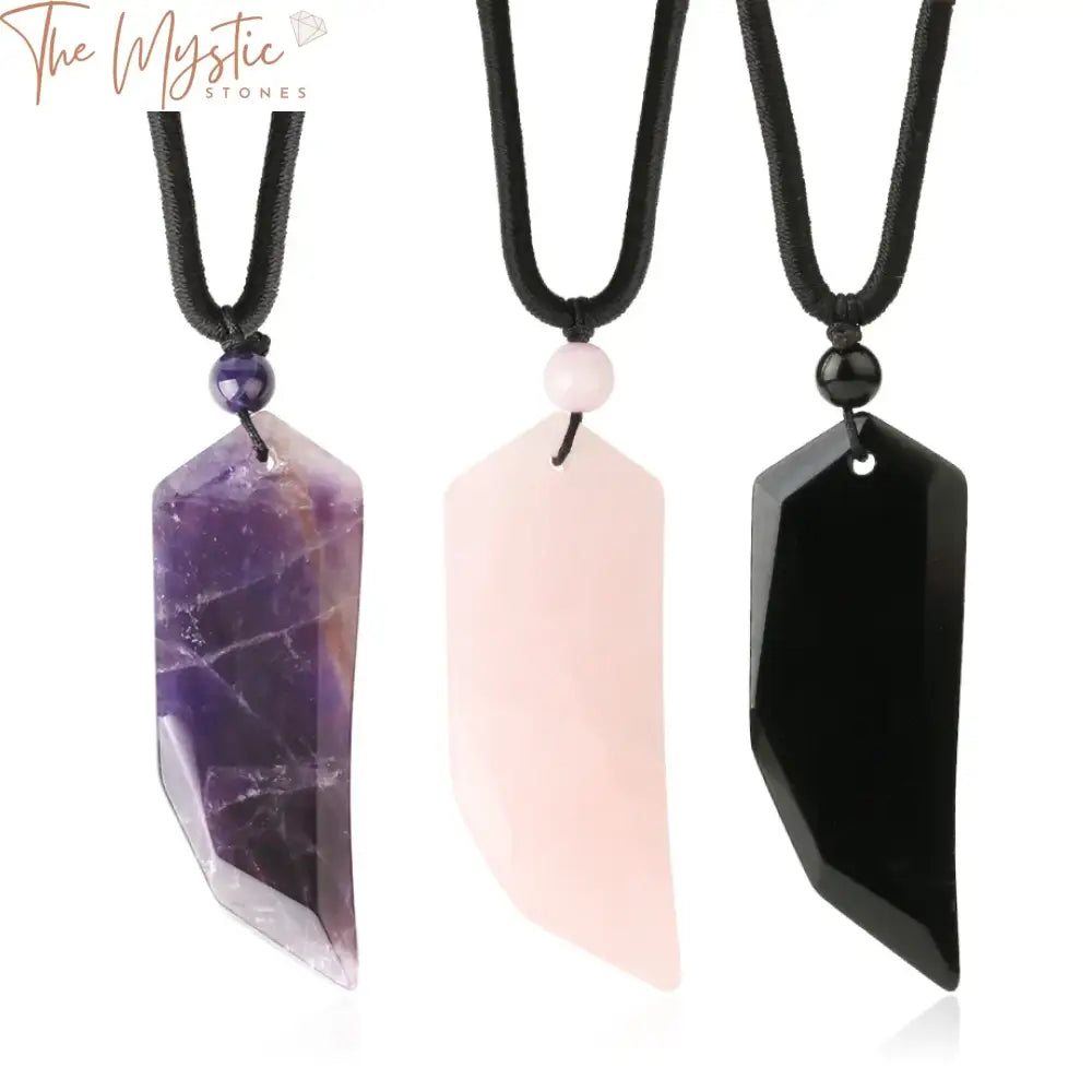 A collection of semi-precious stone crystal necklaces, each featuring a unique pendant shaped like a small knife.