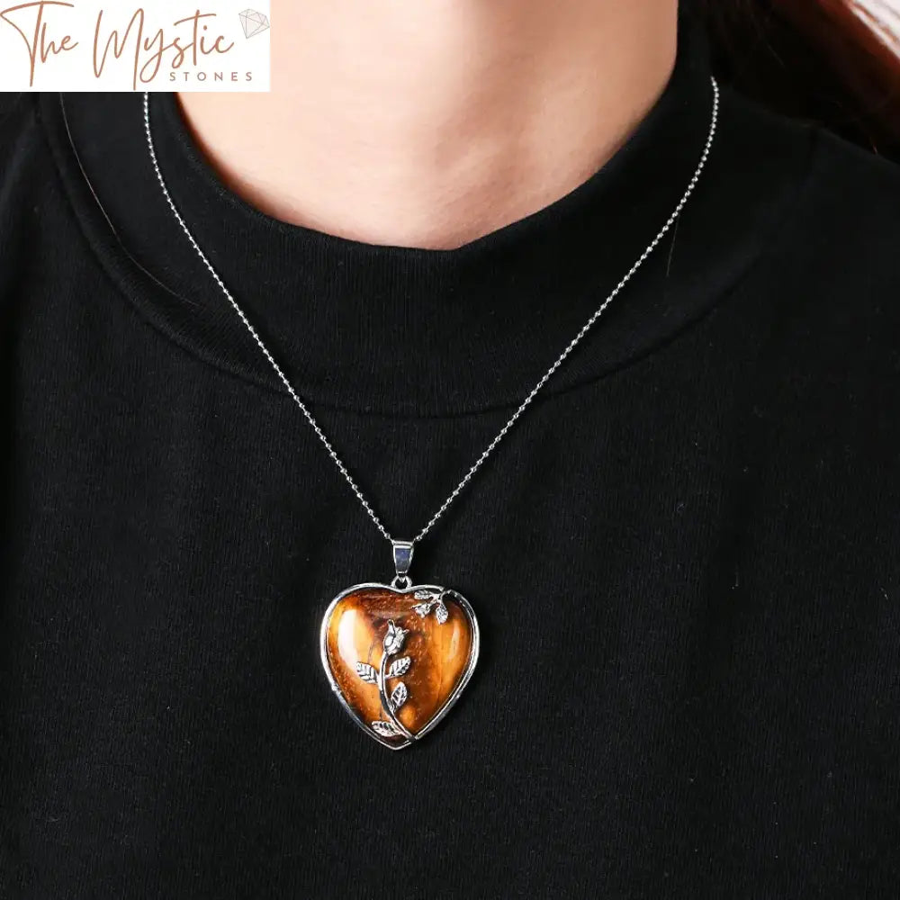 Tiger Eye Heart & Rose Pendant Necklace