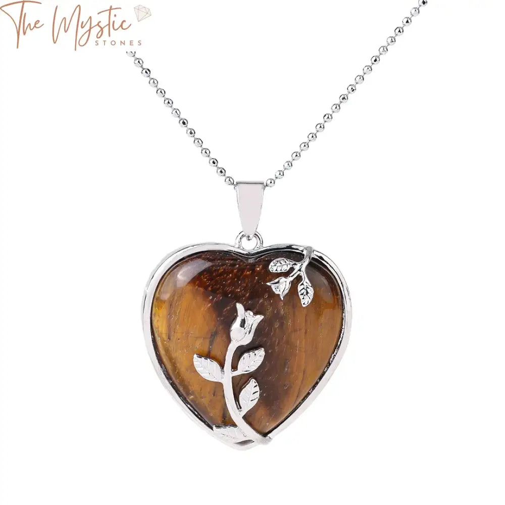 Tiger Eye Heart & Rose Pendant Necklace