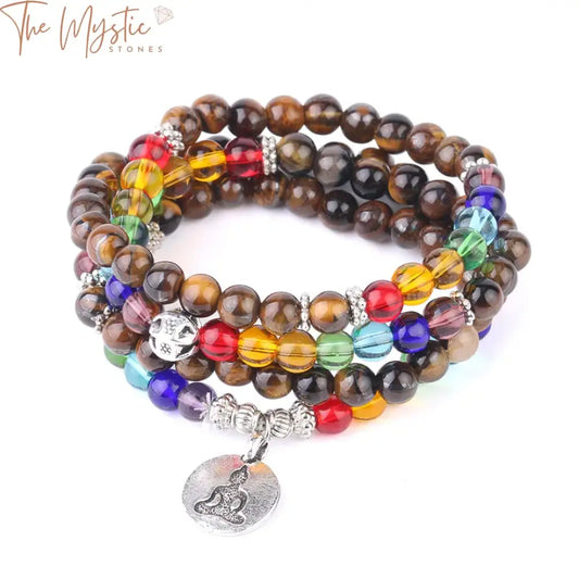 A collection of multi-layer wrap bracelets made from natural tiger eye stones is displayed.