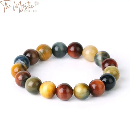 A vibrant bracelet featuring round beads in various sizes, including 8mm, 10mm, and 12mm.