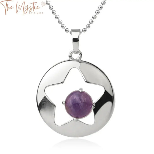 A silver-colored pendant necklace featuring a round natural stone in the center.