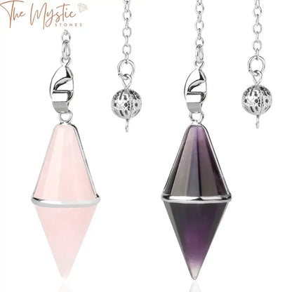 A close-up image of a multifaceted natural crystal pendulum featuring a combination of Tiger Eye and Pink Quartz.