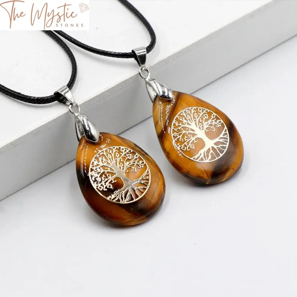 Tiger Eye Teardrop & Tree Of Life Pendant