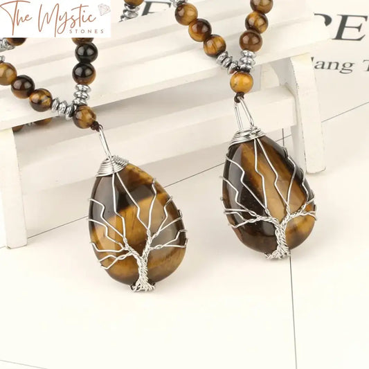 A collection of beaded necklaces featuring natural stone beads and tiger eye stones.