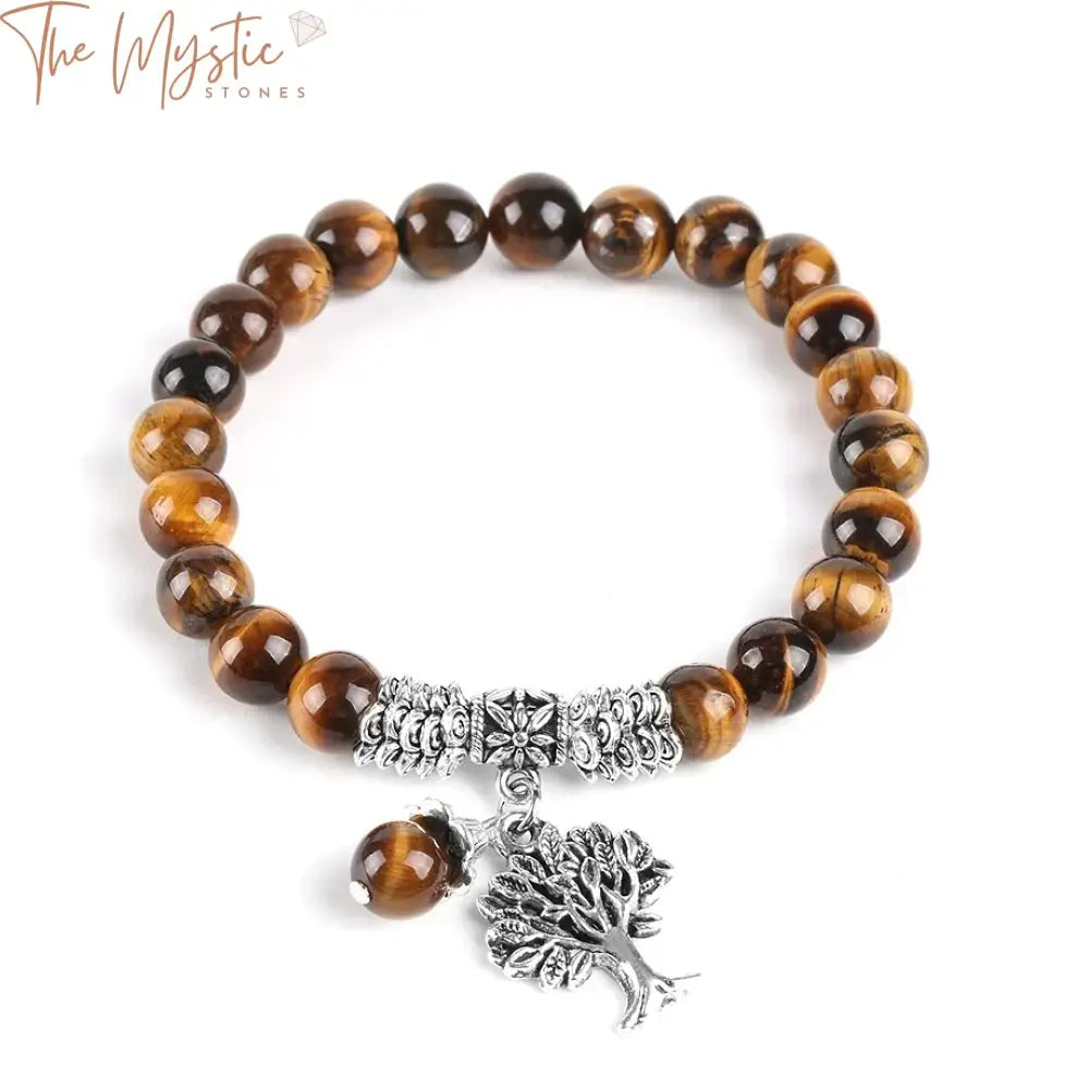 A beaded bracelet featuring tiger eye stones forming the Tree of Life design.