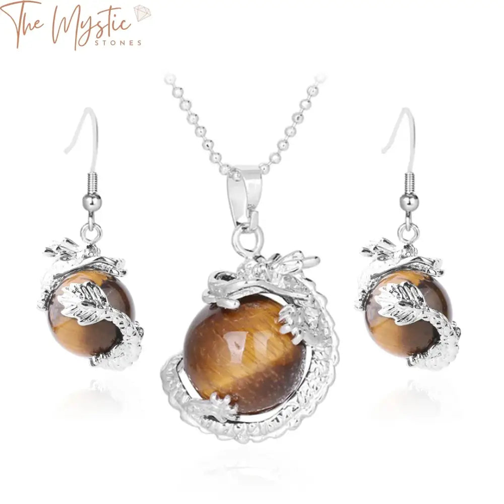 A jewelry set featuring a necklace and earrings adorned with natural tiger eye stones.