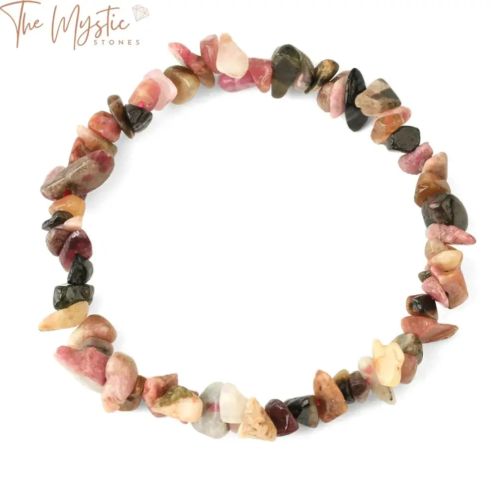 A collection of colorful tourmaline bracelets made of natural stone, featuring chipped gravel crystal beads.