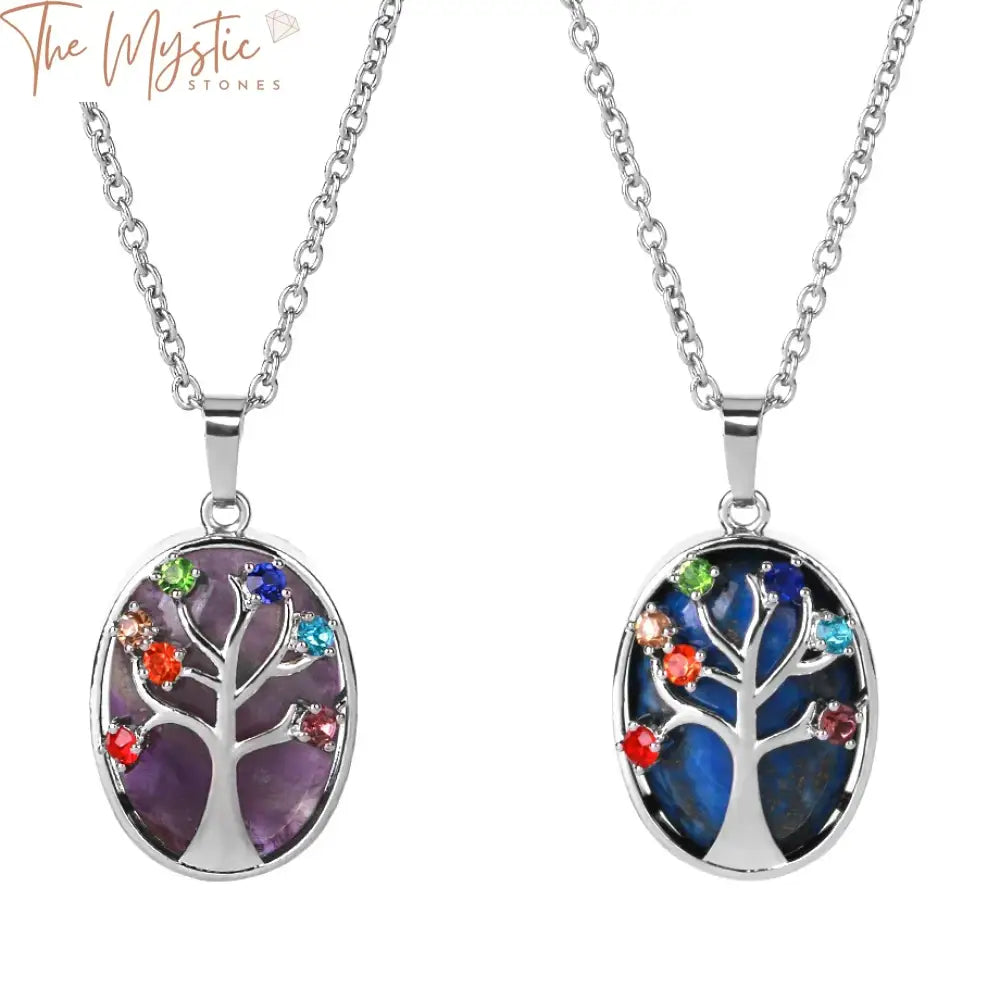 A collection of crystal necklaces featuring natural stone pendants, each adorned with a silver Reiki Tree of Life design.