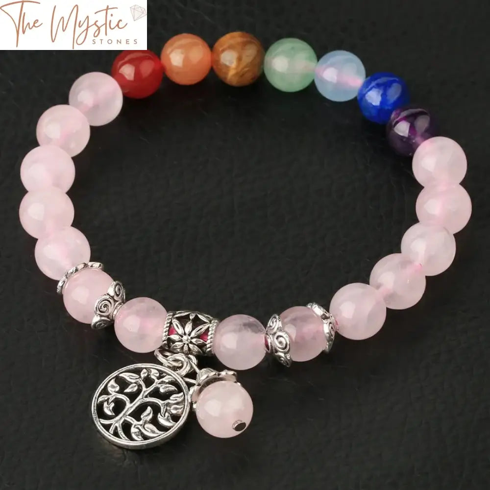 A collection of Tree of Life charm bracelets featuring 7 chakra natural stones.