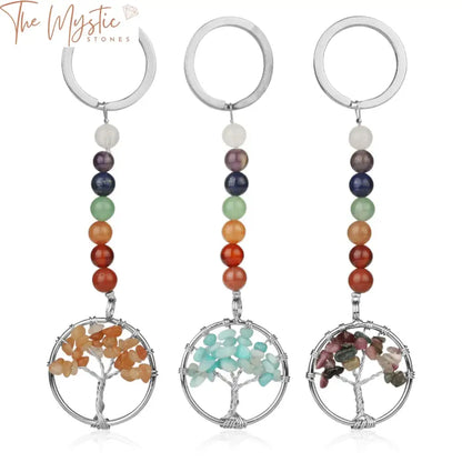 A keychain featuring a circular Tree of Life pendant adorned with multicolored natural stones representing the 7 chakras.