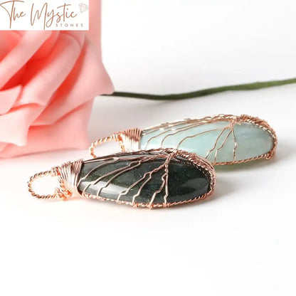 Tree Of Life Amazonite Water Drop Pendant In Rose Gold