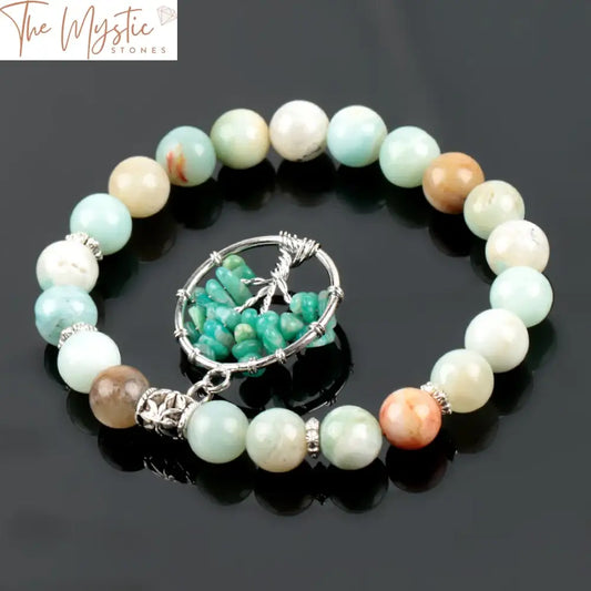 A collection of 8mm matte amazonite bracelets featuring a Tree of Life charm.