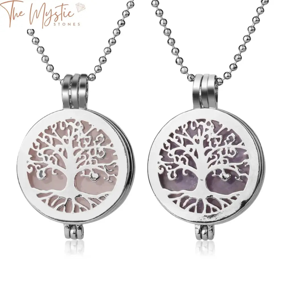 A collection of Healing Natural Stone Pendant Necklaces is displayed, each featuring a Tree of Life locket design.