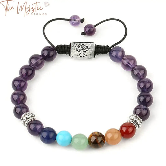 A multicolor braided bracelet featuring natural stones representing the 7 chakras, each bead displaying a unique vibrant hue.