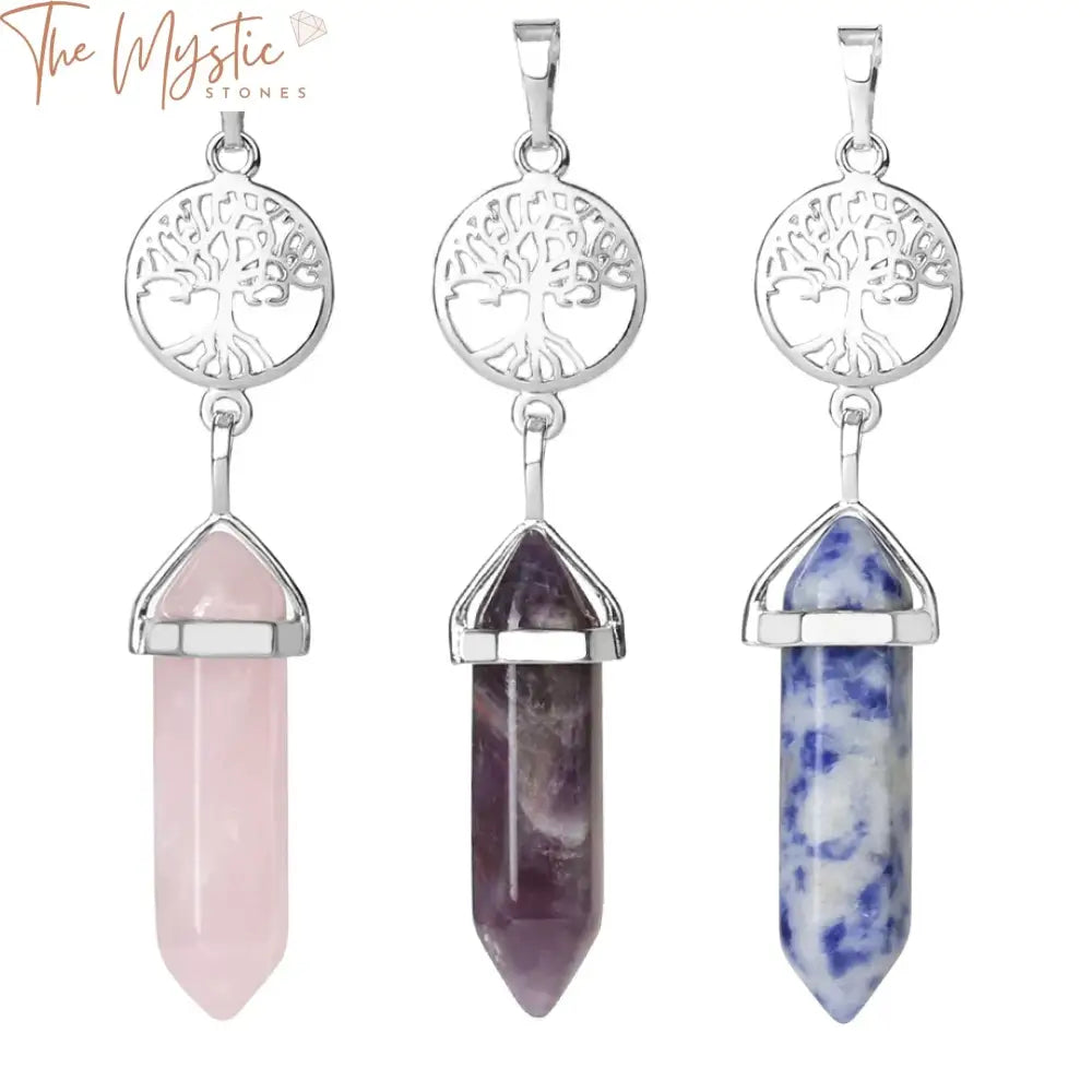 A collection of Tree of Life pendants features hexagonal crystals in natural gemstones.