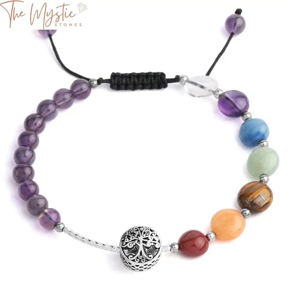 A vibrant bracelet featuring irregularly shaped natural stones in assorted colors, each symbolizing different chakras.