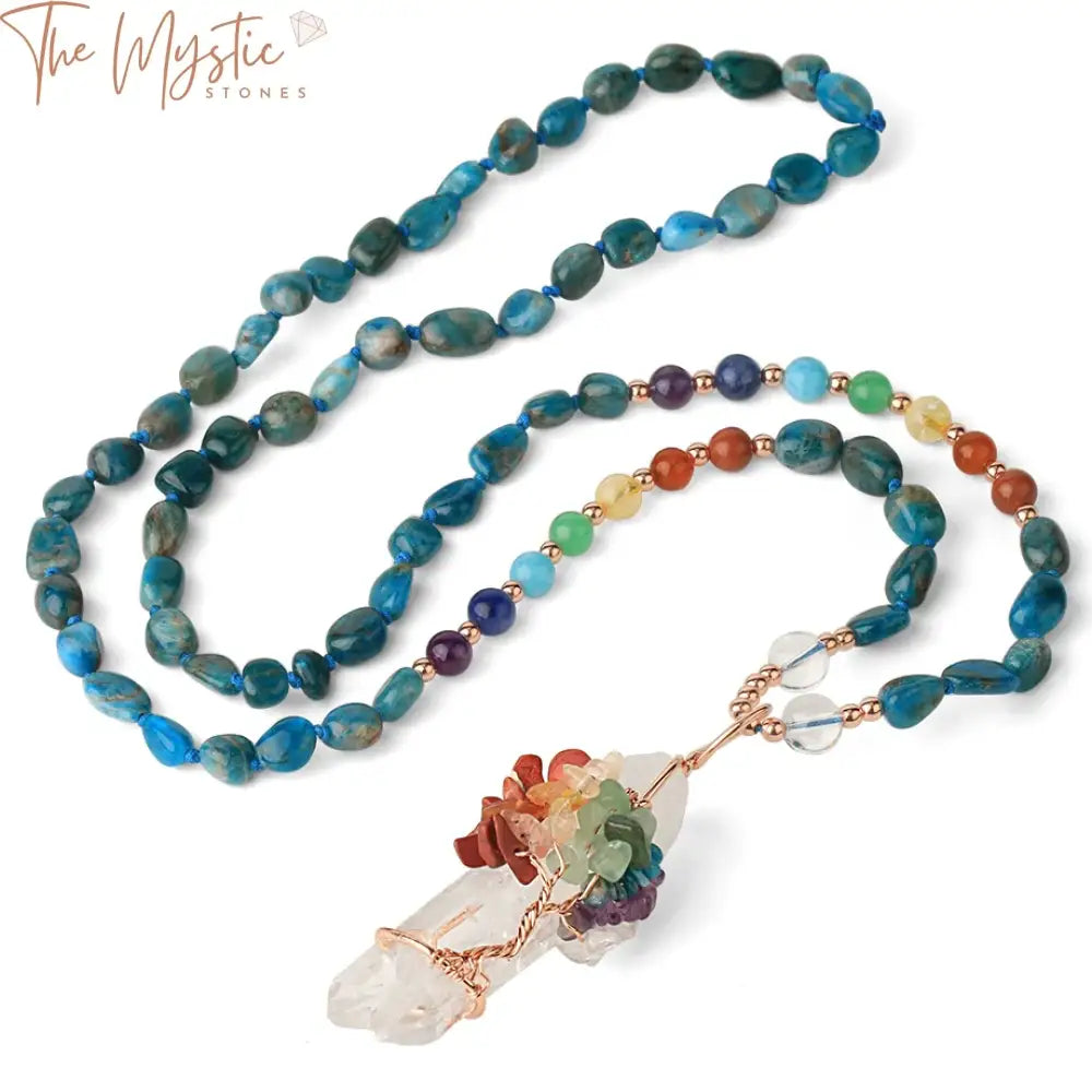 A necklace featuring irregular natural stones symbolizing the 7 chakras.