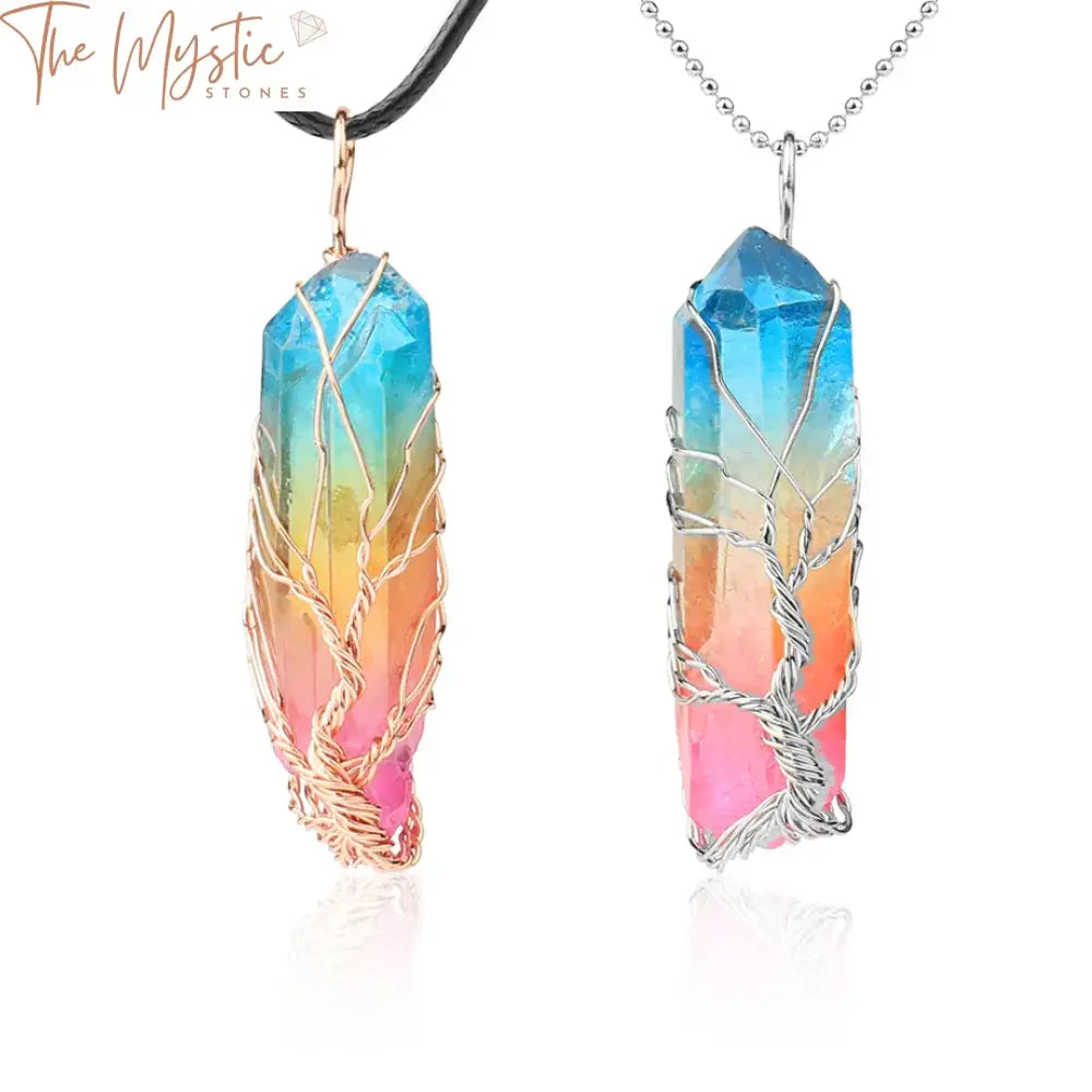 A collection of colorful, irregular natural stone crystal pendant necklaces is displayed.