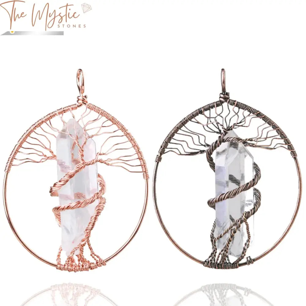 Tree of Life pendant featuring a wire-wrapped design with natural stone chips embedded within.