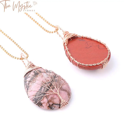 Tree Of Life Gemstone Water Drop Necklace - Rose Gold