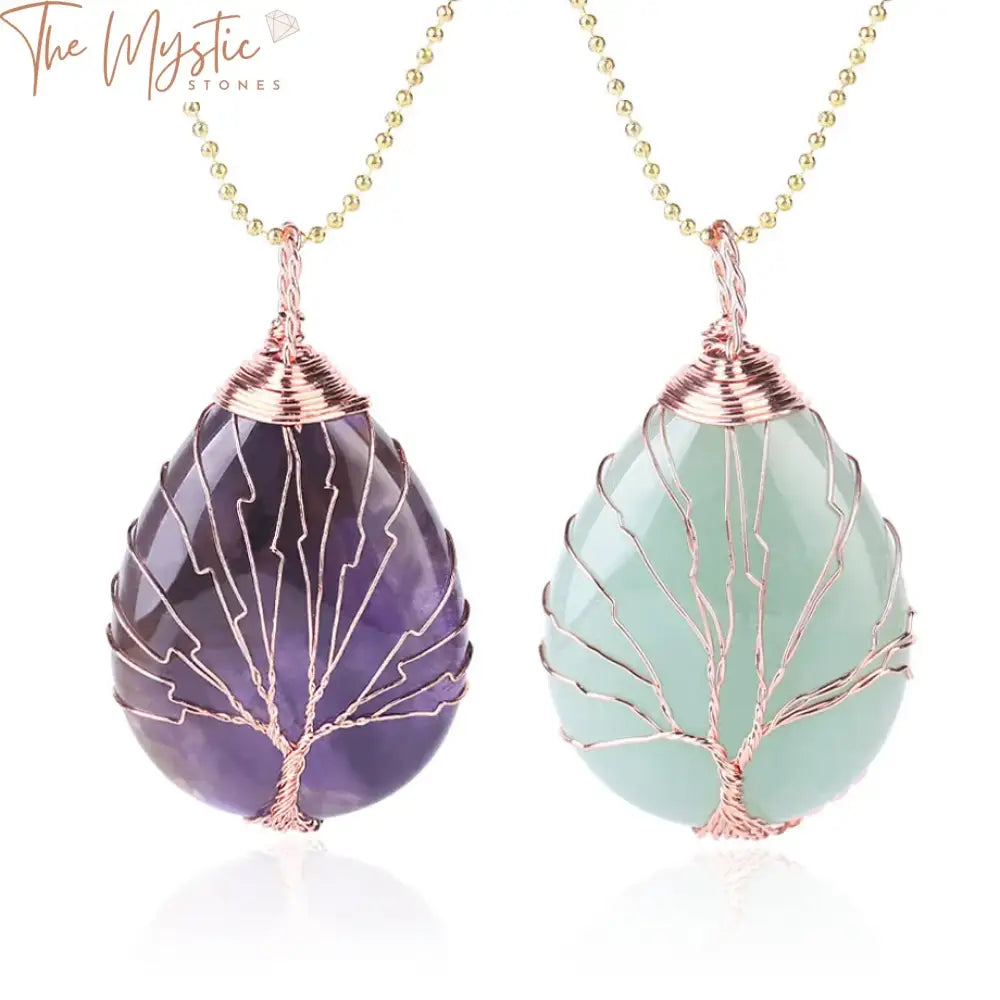 Tree Of Life Gemstone Water Drop Necklace - Rose Gold