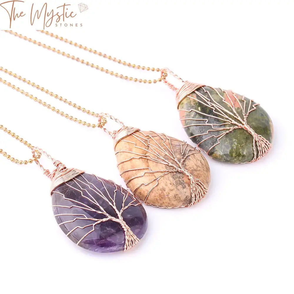 Tree Of Life Gemstone Water Drop Necklace - Rose Gold