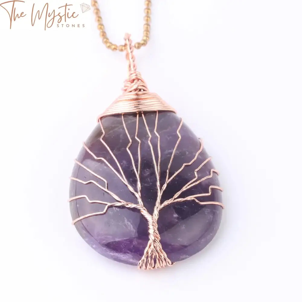 Tree Of Life Gemstone Water Drop Necklace - Rose Gold