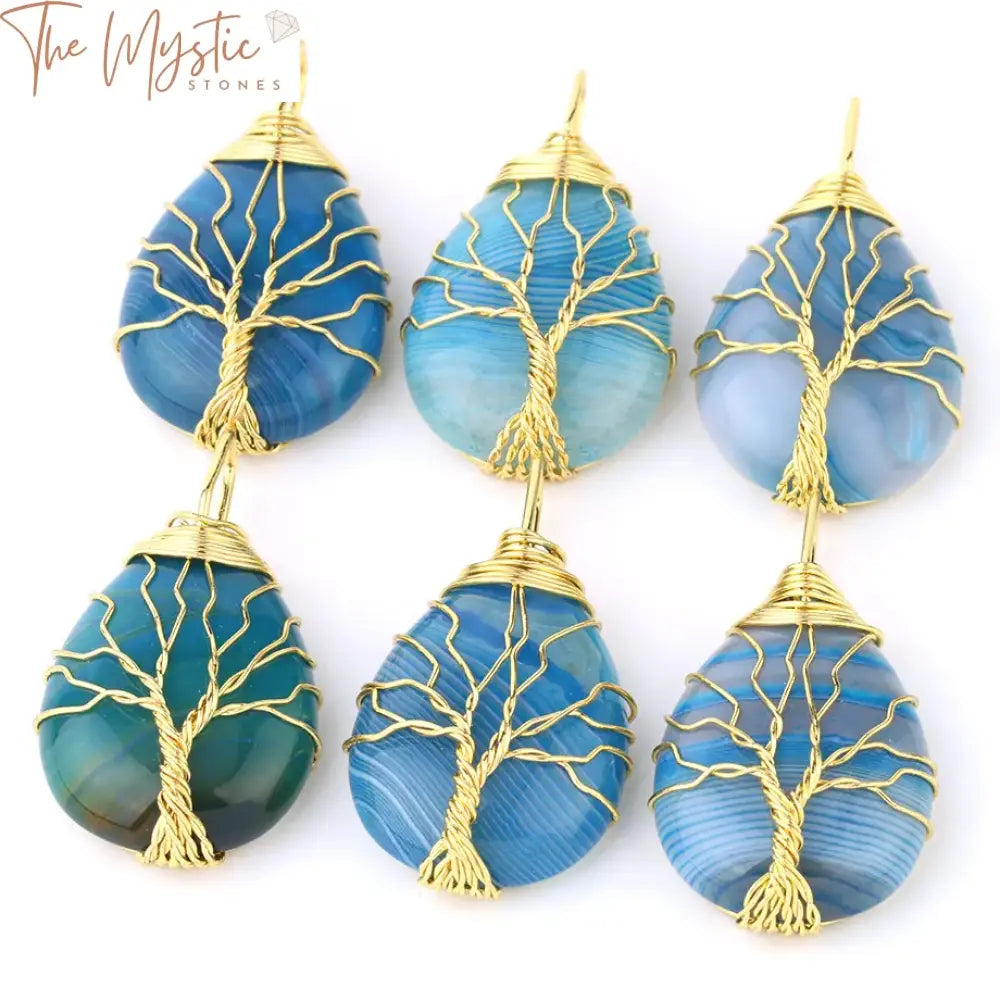 Tree Of Life Gold Wire-Wrapped Water Drop Pendant With Blue Vein Onyx