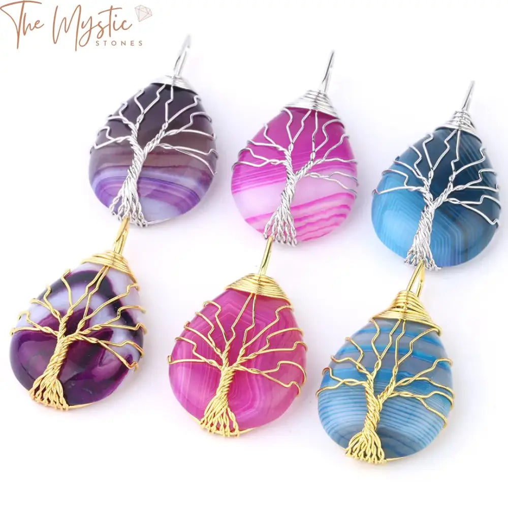 Tree Of Life Gold Wire-Wrapped Water Drop Pendant With Blue Vein Onyx