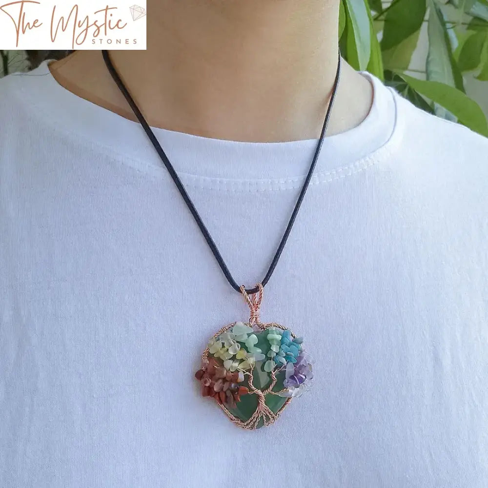 Tree Of Life Heart Pendant - Rose Gold Wrapped Natural Stone