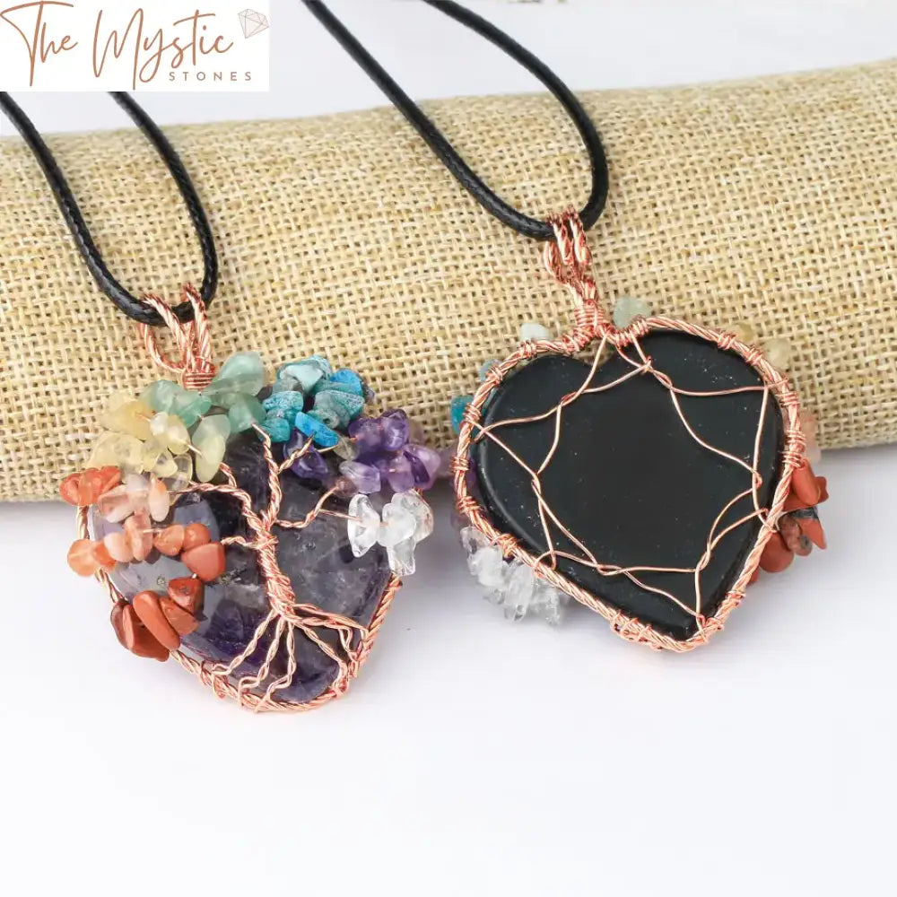 Tree Of Life Heart Pendant - Rose Gold Wrapped Natural Stone