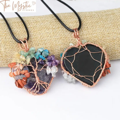 Tree Of Life Heart Pendant - Rose Gold Wrapped Natural Stone