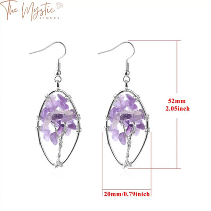 Tree Of Life Natural Stone Earrings - Purple Crystal & Black Agate