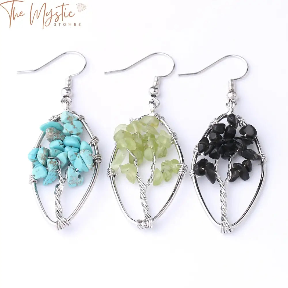 Tree Of Life Natural Stone Earrings - Purple Crystal & Black Agate