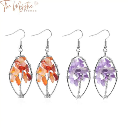 A pair of elegant Tree of Life earrings featuring natural stone chips in shades of purple crystal and black agate.