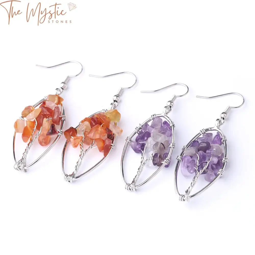 Tree Of Life Natural Stone Earrings - Purple Crystal & Black Agate