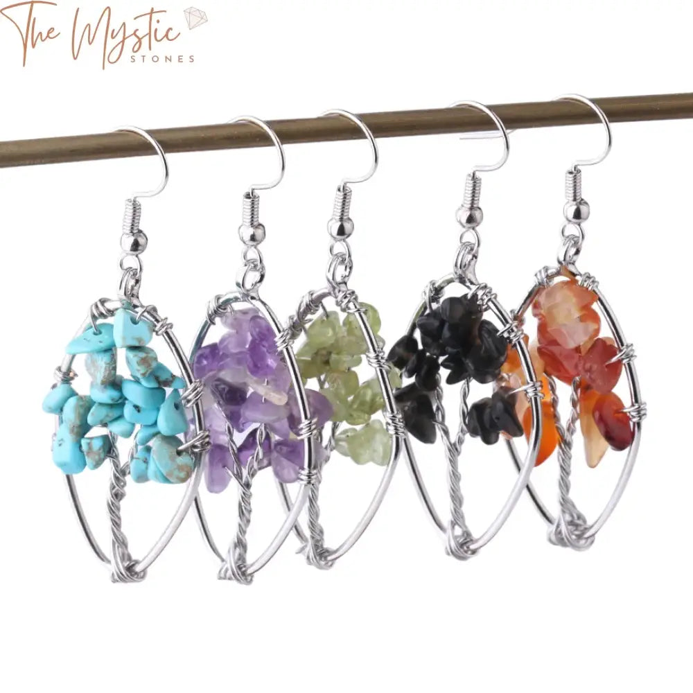 Tree Of Life Natural Stone Earrings - Purple Crystal & Black Agate