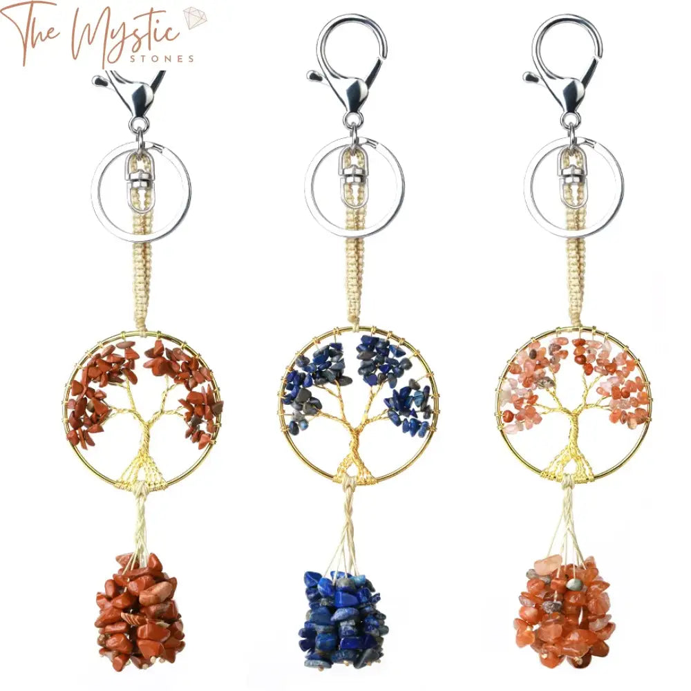 A natural stone keychain featuring a Tree of Life pendant crafted with colorful chip beads.