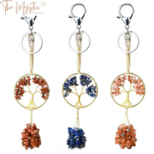 A natural stone keychain featuring a Tree of Life pendant crafted with colorful chip beads.