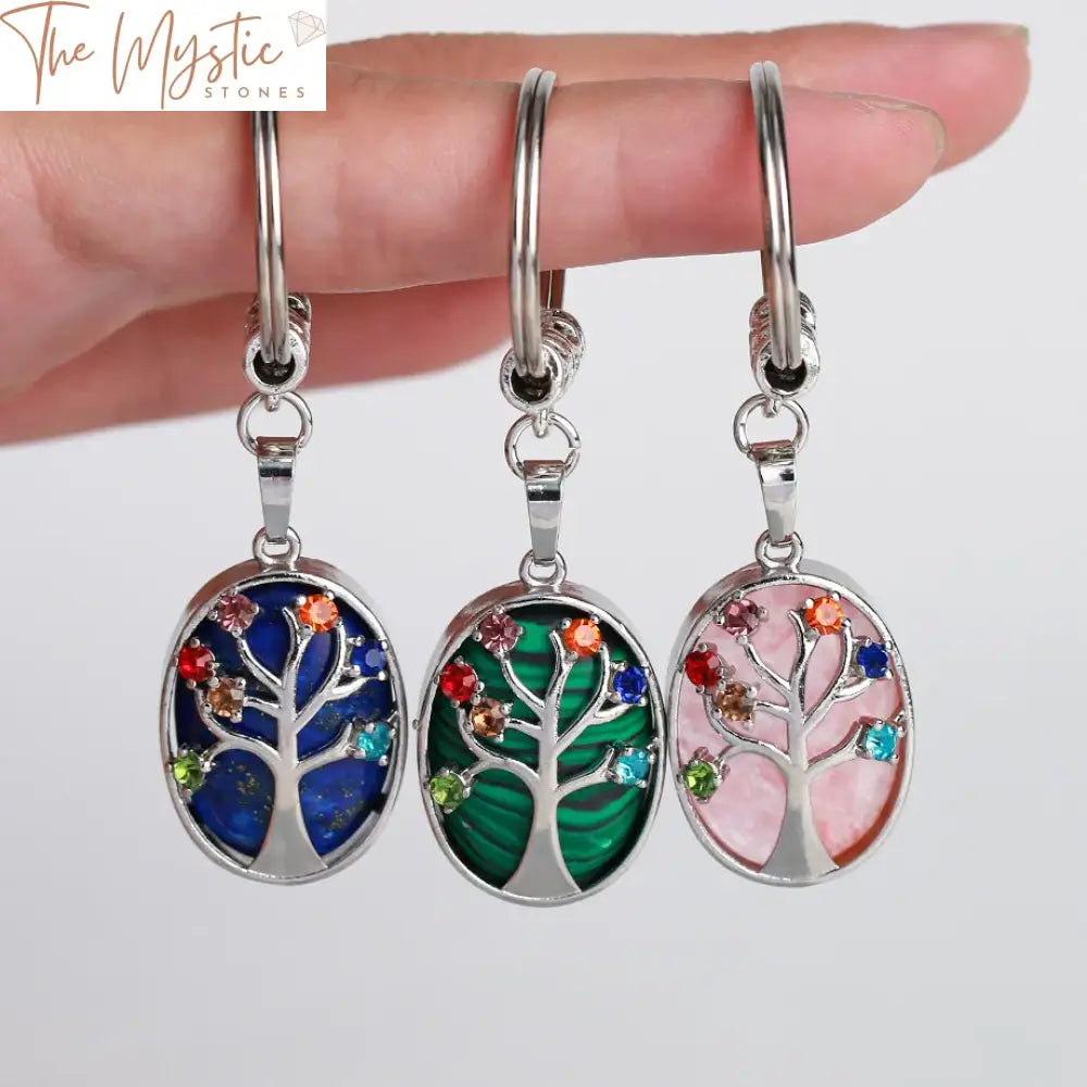 Tree Of Life Natural Stone Keychain With Oval Crystal Pendant