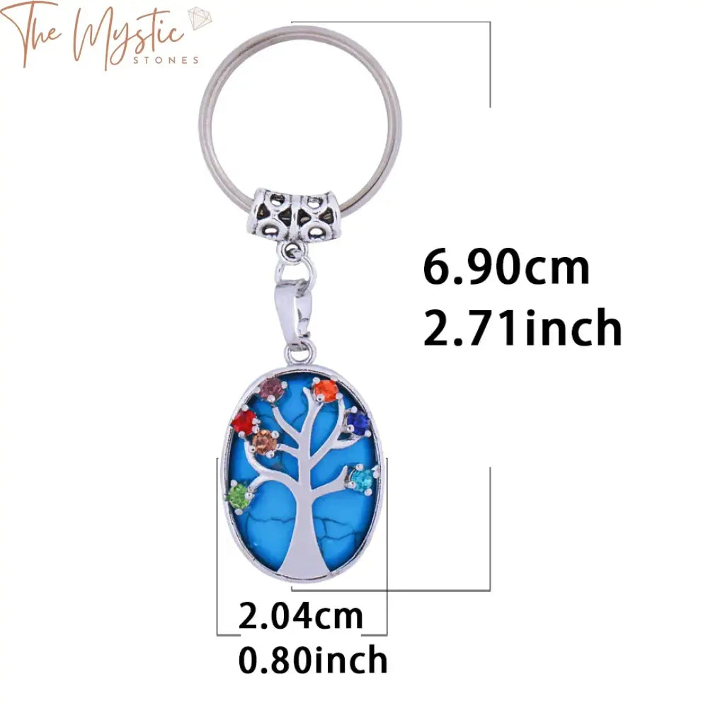 Tree Of Life Natural Stone Keychain With Oval Crystal Pendant