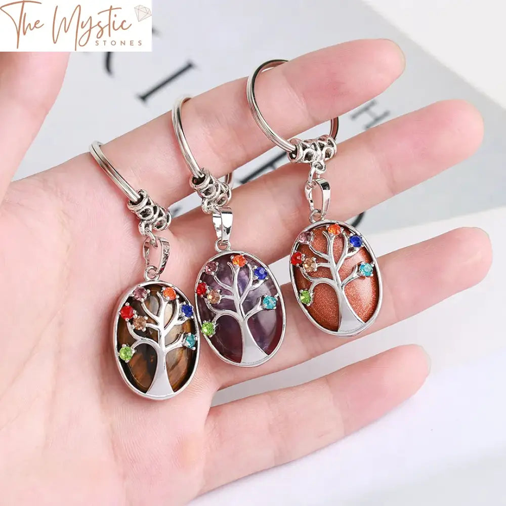 Tree Of Life Natural Stone Keychain With Oval Crystal Pendant