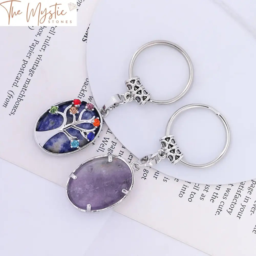 Tree Of Life Natural Stone Keychain With Oval Crystal Pendant