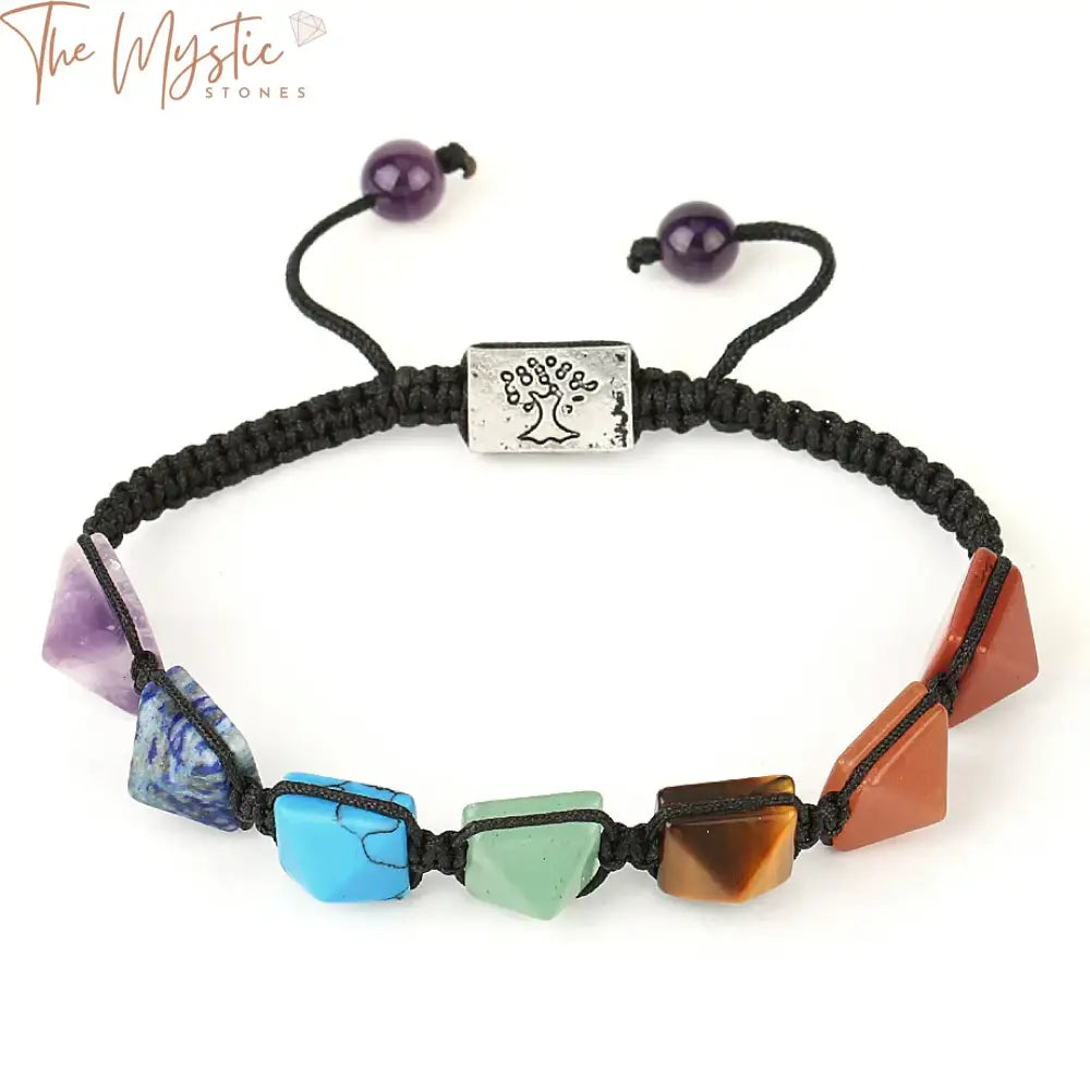 A collection of square pyramid natural stone charm bracelets featuring a variety of colorful crystals.